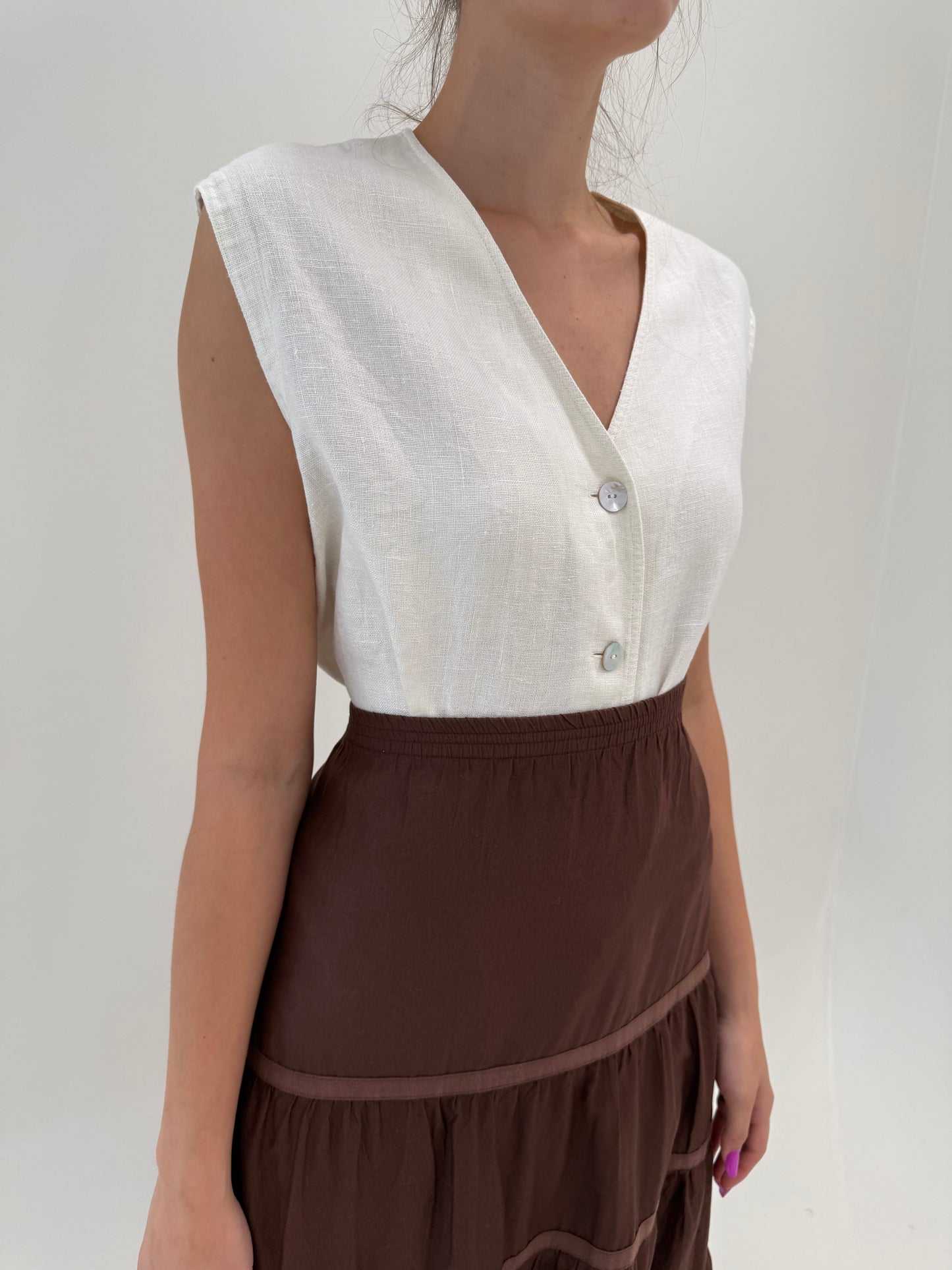 Top italian in croi minimalist din pânză excepțională de in cu nasturi mother of pearl