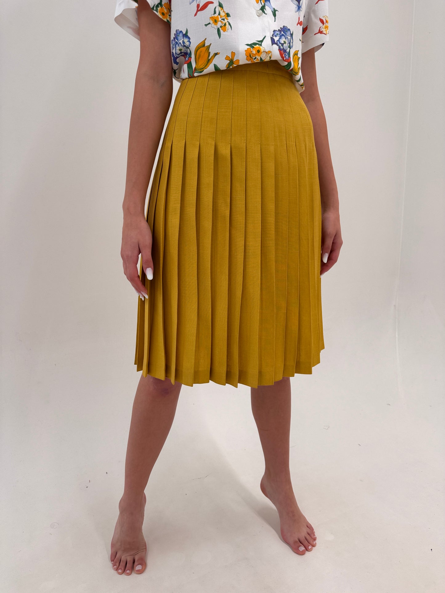 Fustă vintage plisată mustard yellow din pânză premium de in
