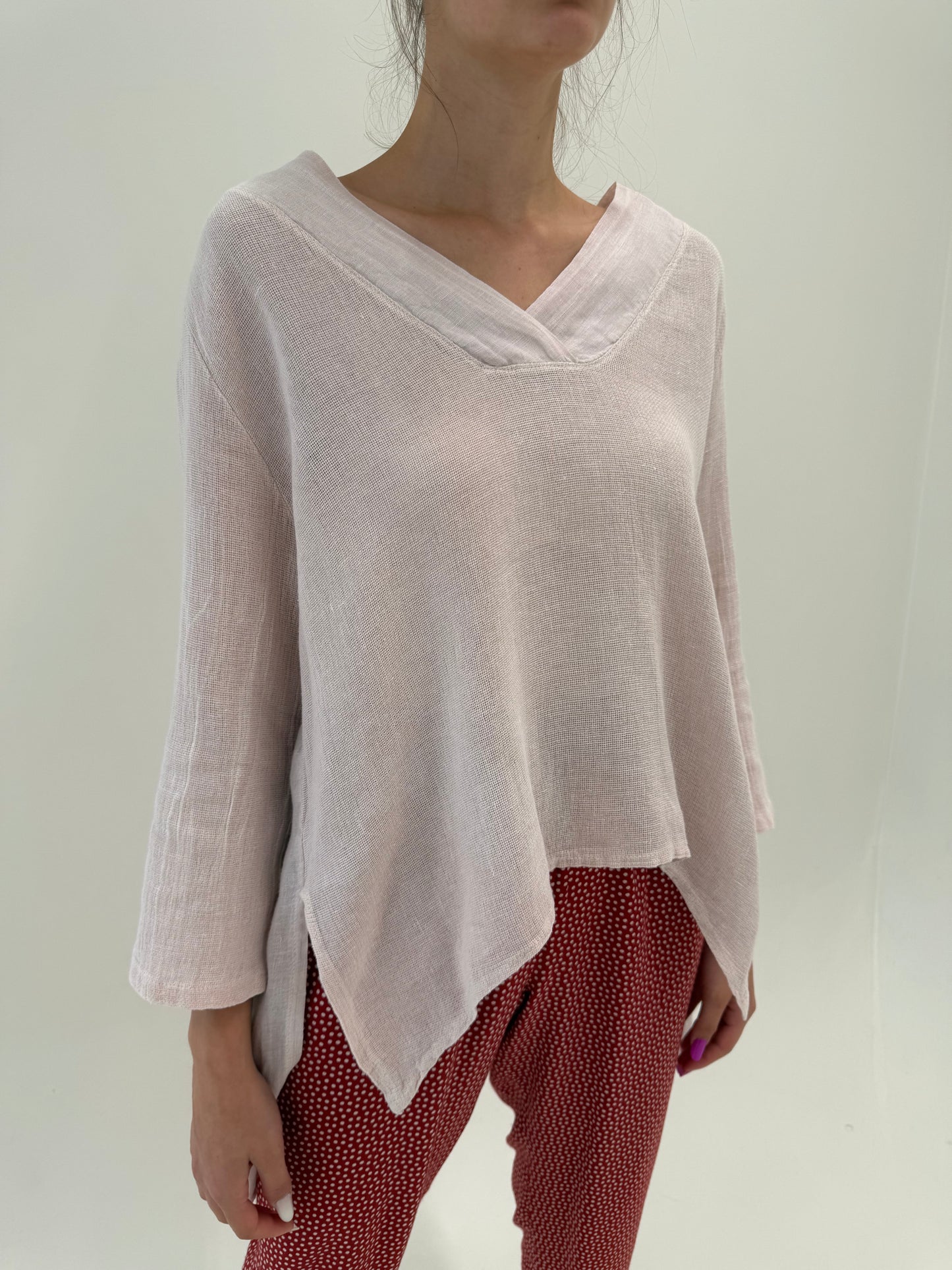 Tunica powder pink din pânză de in și panza bumbac în croi chic oversized