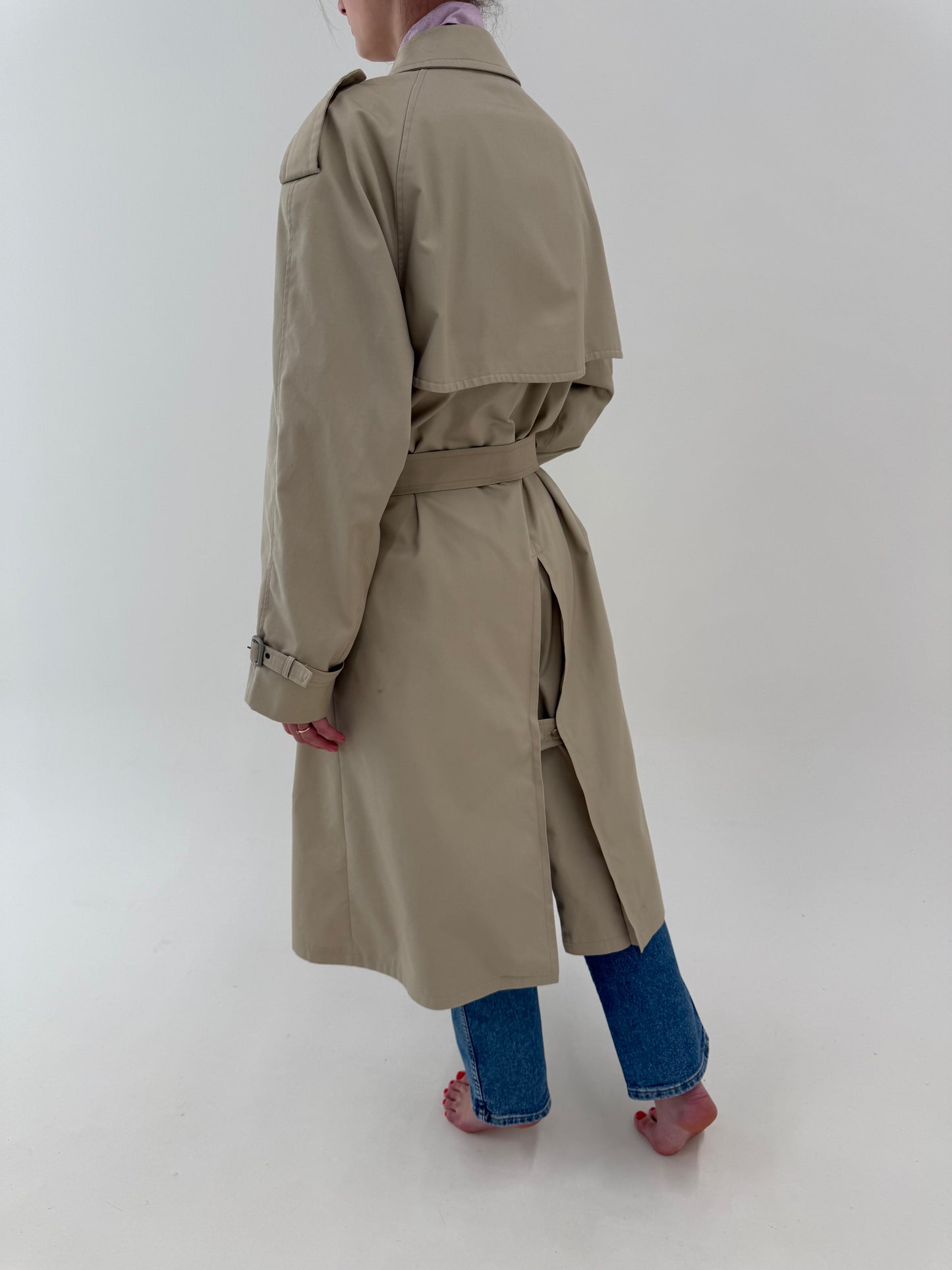 Trench vintage camel din gabardină impermeabilă cu talie ultra înaltă marcată