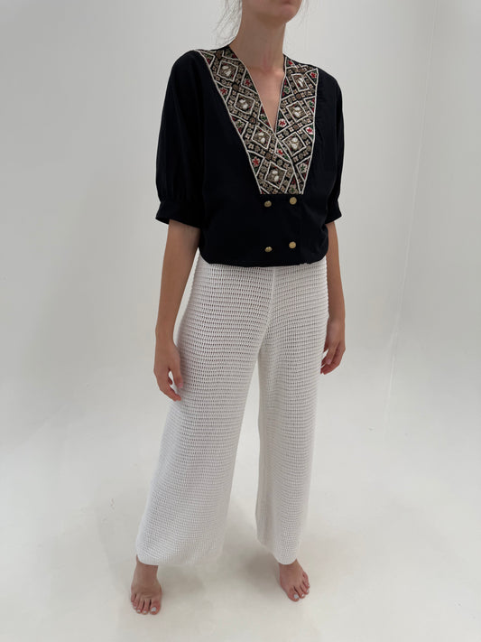 Pantaloni palazzo din tricot dantelat tip macrame super vaporoși off white