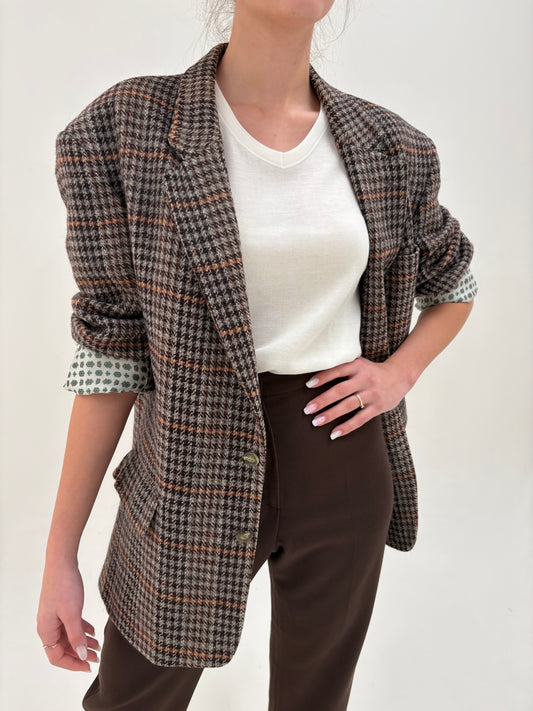 Sacou vintage în carouri din lana în croi lung oversized sau lejer