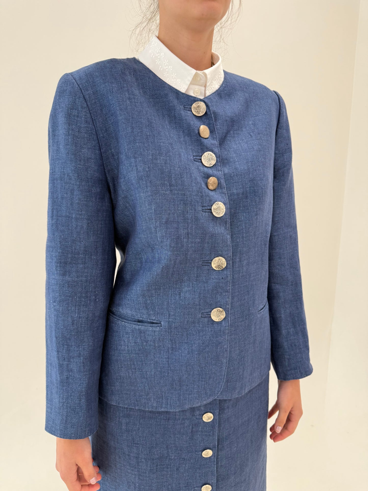 Set vintage jeans blue din pânză de in premium în croi atemporal