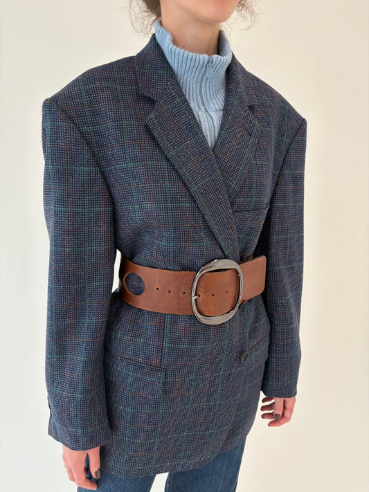 Sacou din stofă de lana ultra luxury Scabal groasă jeans blue în carouri