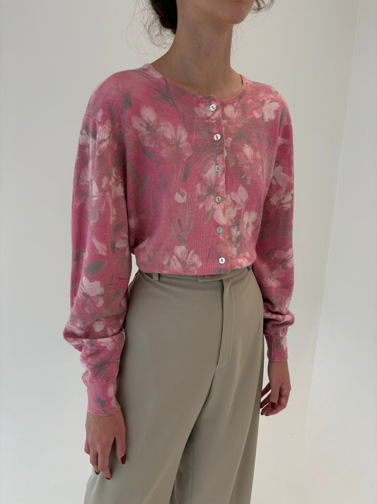 Cardigan vintage 80% lana merino extrafina in print floral superb