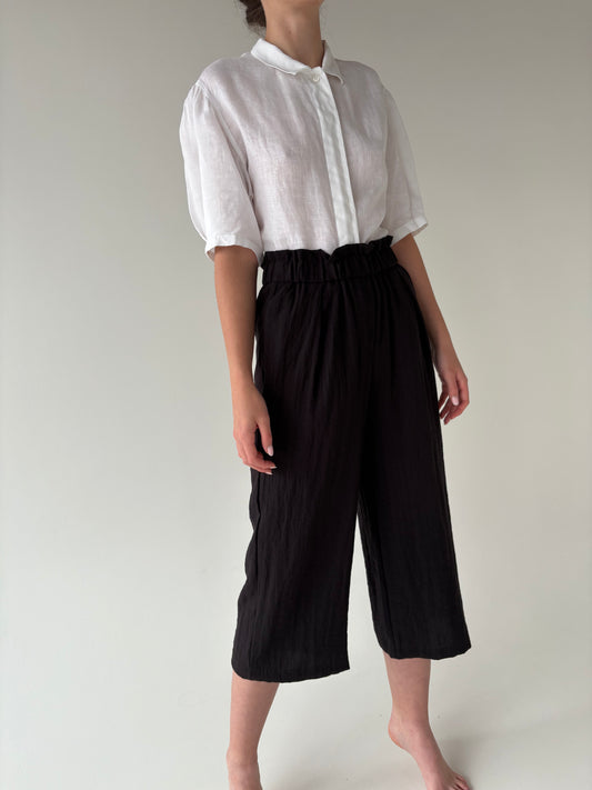 Culottes negri vaporosi cu talie ultra înaltă elastică