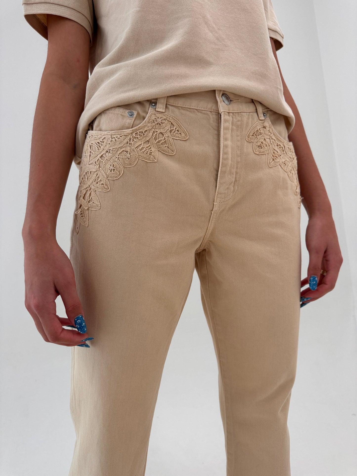 Jeans Ralph Lauren camel de vară cu dantelă macrame petite în croi evazat