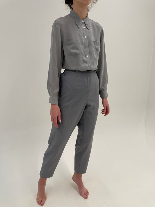Pantaloni silver gray din lana extrafina confort cu talie ultra înaltă