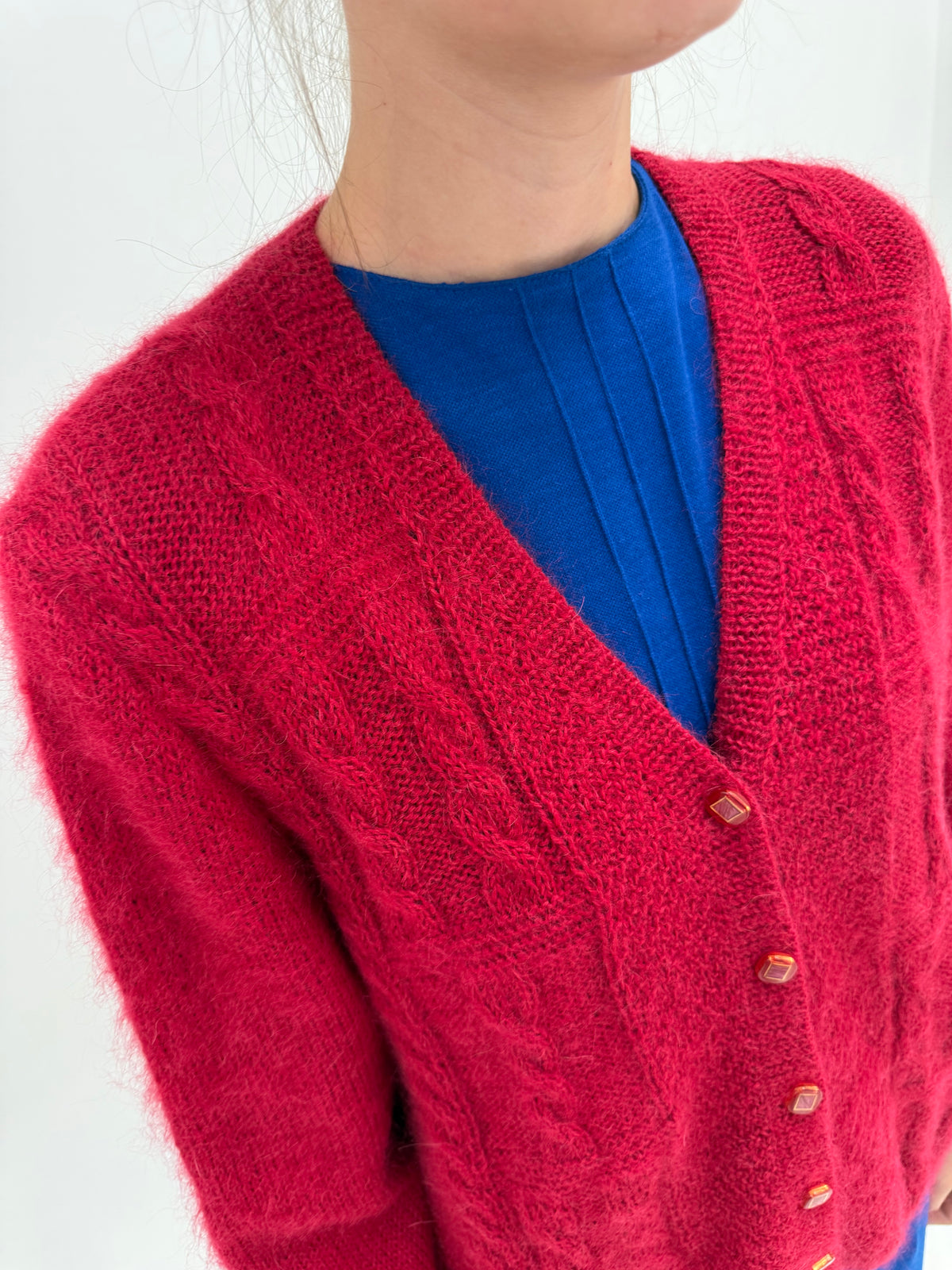 Cardigan vintage raspberry red din baby mohair