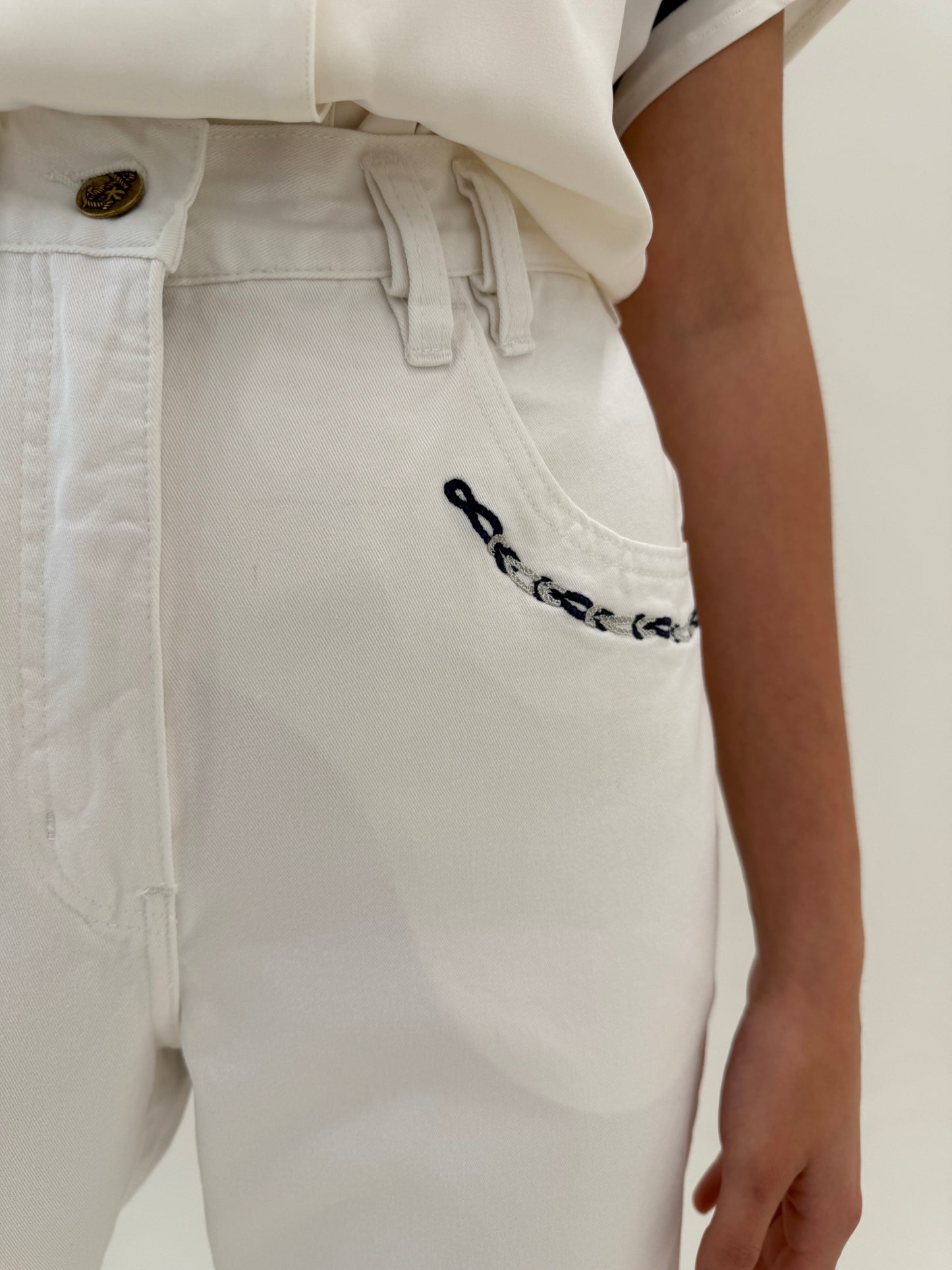 Jeans alb petite de vară vintage italienești cu talie ultra înaltă