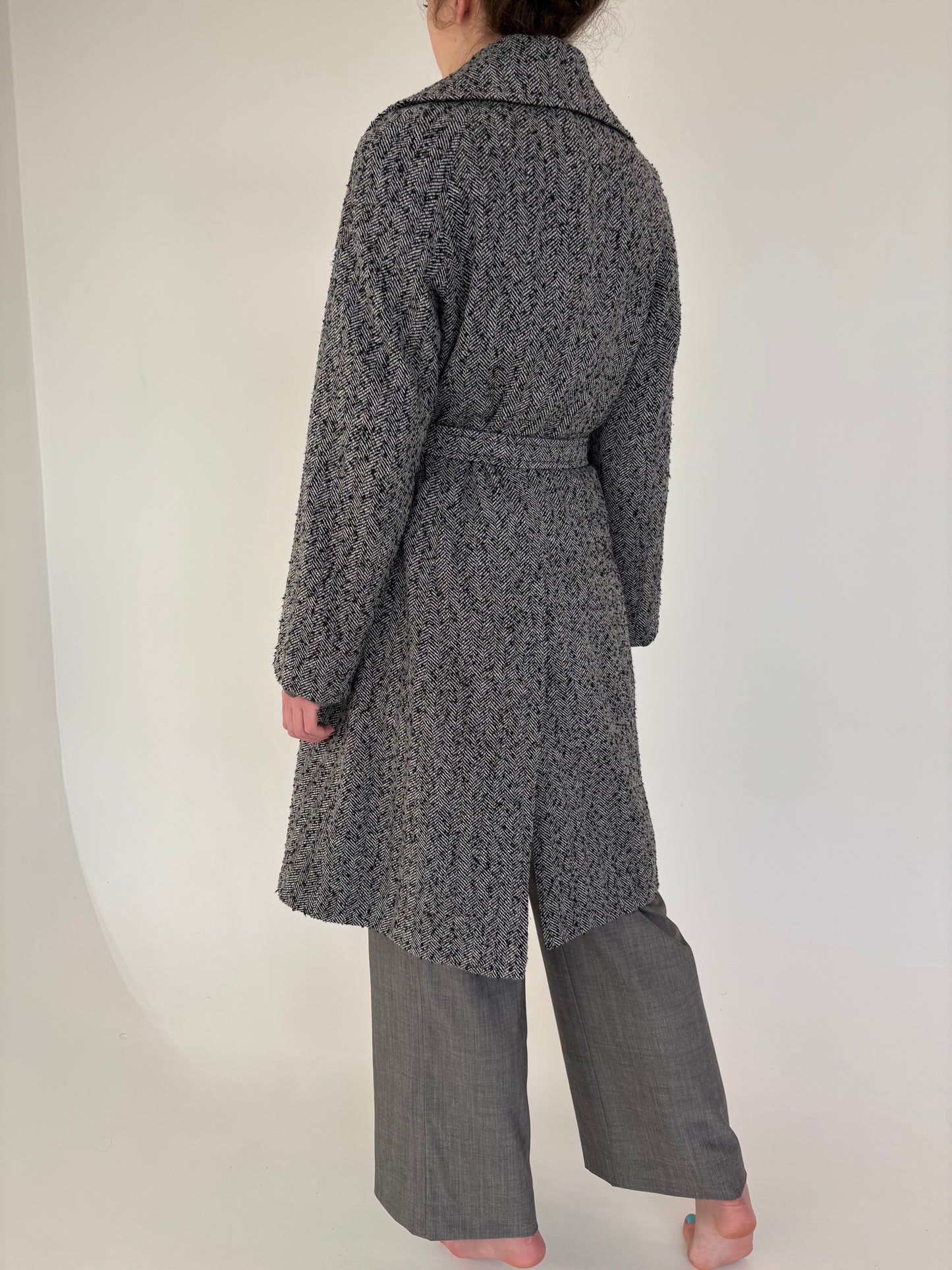 Palton din tweed herringbone rustic moale de lana cu cordon