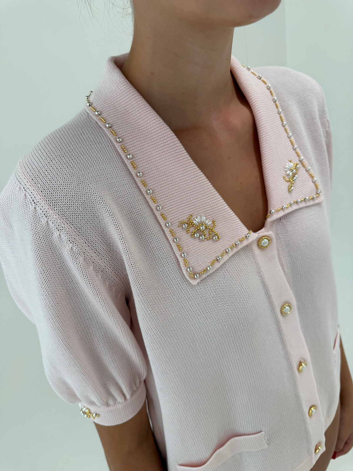Top vintage polo din bumbac mercerizat powder Pink cu aplicații manuale