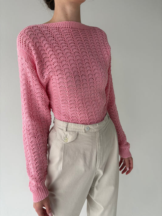 Bluză baby pink din bumbac excepțional dantelat tip macrame