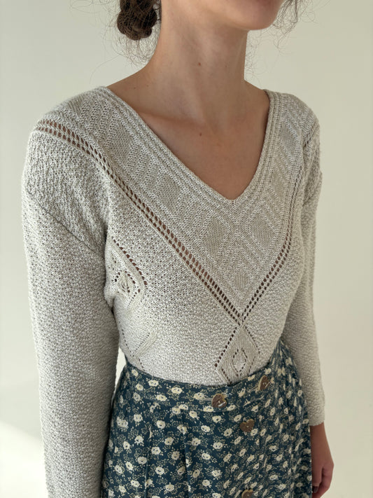 Pulover vintage warm gray dantelat din bumbac gros de gramaj mare