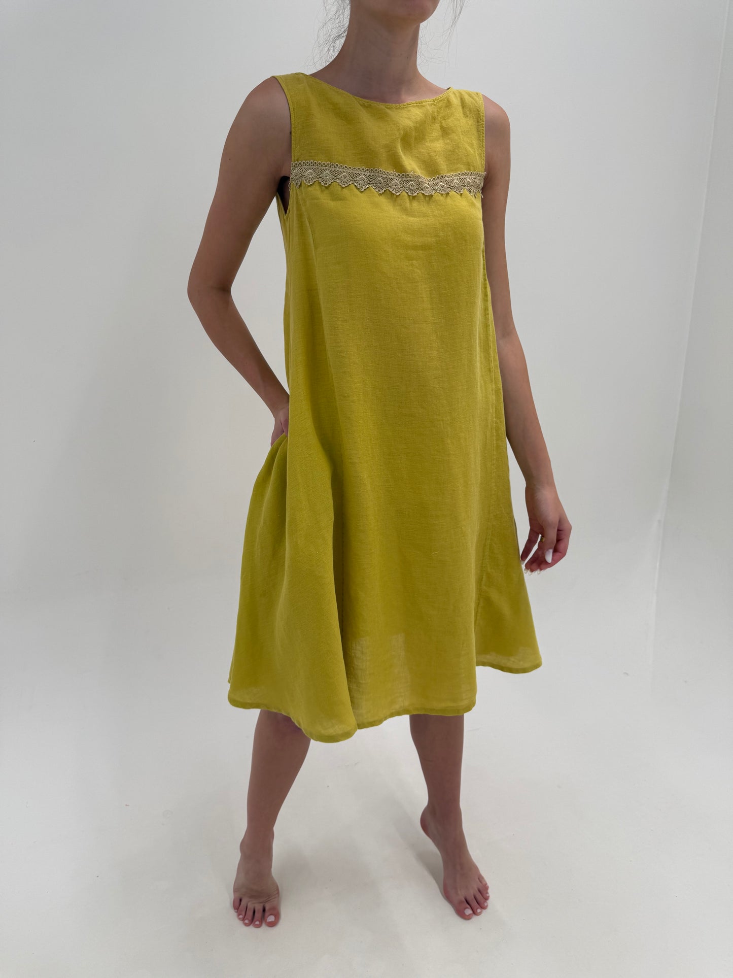 Rochie italiană chartreuse din in premium cu buzunare în croi minimalist
