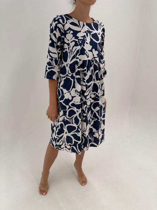 Rochie italiana în croi lejer din bumbac premium ultra confort cu print Navy