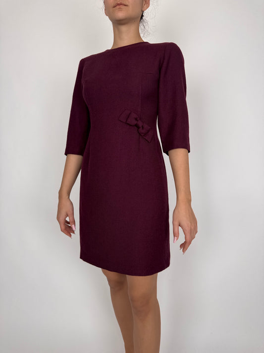 Rochie vintage aubergine din stofă plină de lana în croi de ani 60