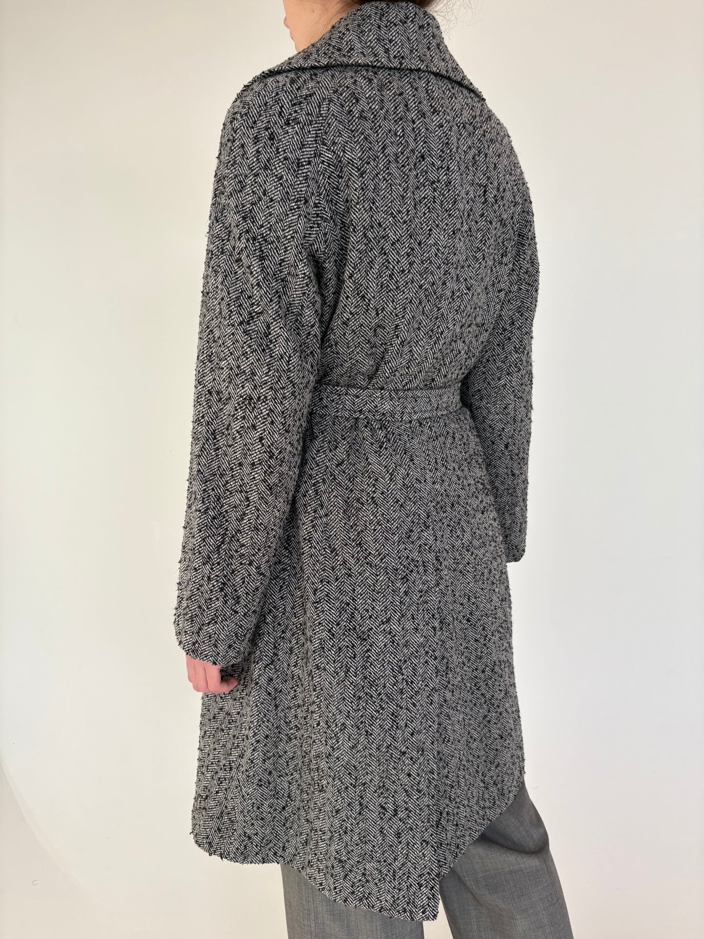 Palton din tweed herringbone rustic moale de lana cu cordon