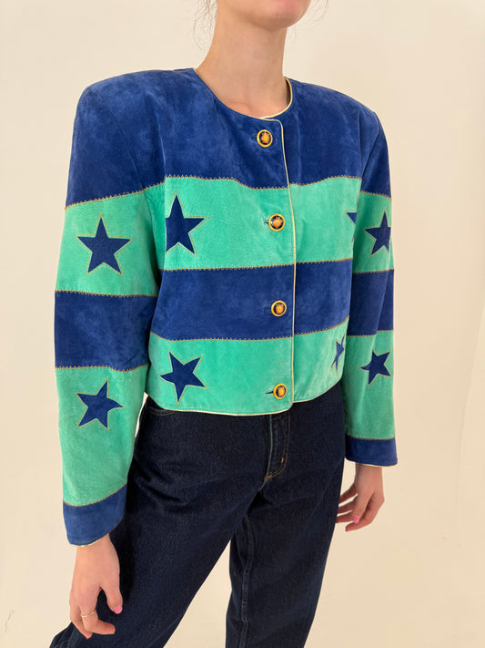 Geacă vintage in stil Chanel din piele naturală întoarsă cu umeri accentuați