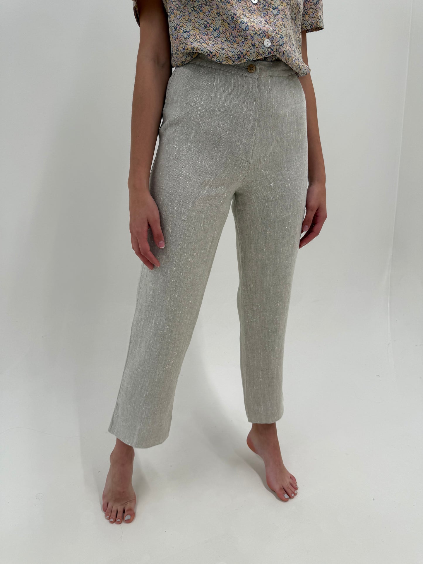 Pantaloni premium italienești din pânză grea de in cu talie ultra înaltă
