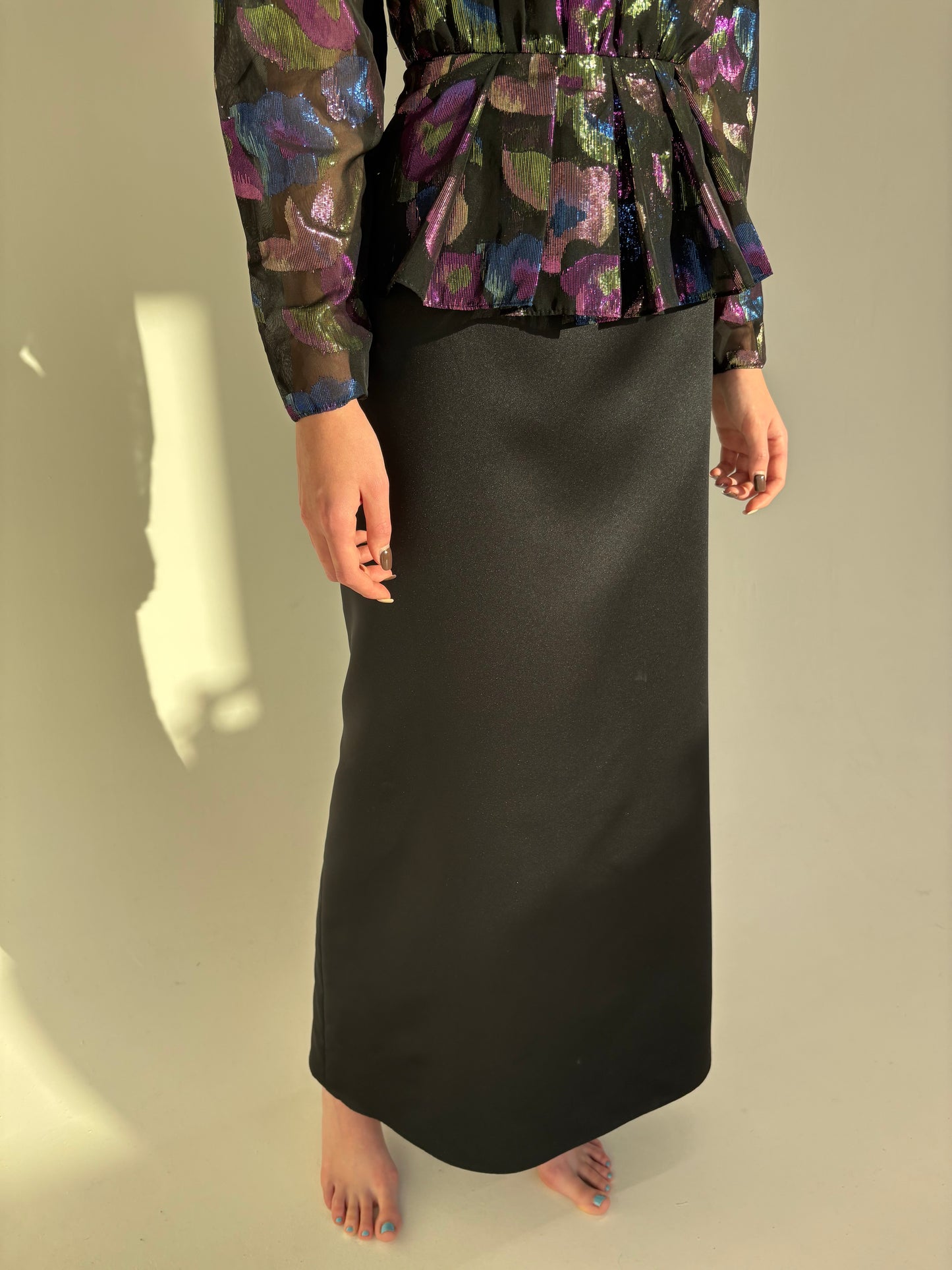 Rochie maxi old vintage de seară anii 80 cu peplum din jacquard lamé