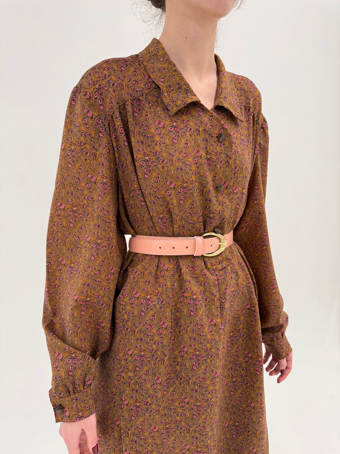 Robe chemise vintage din lana extrafina caramel brown cu print roz delicat