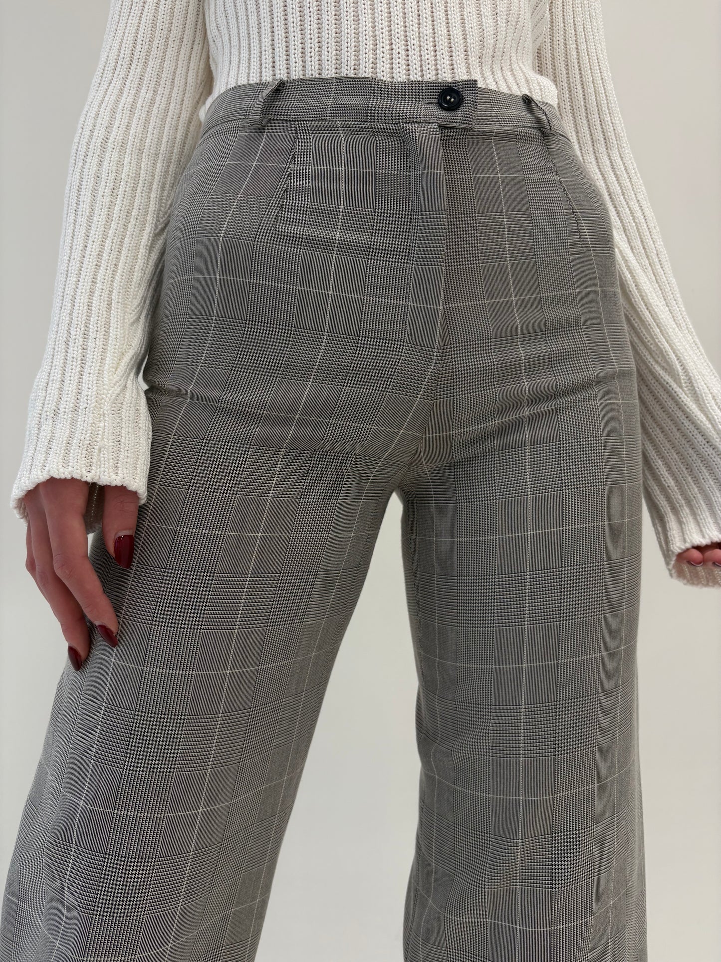 Pantaloni palazzo cu talie înaltă din stofita în carouri fine ivoire