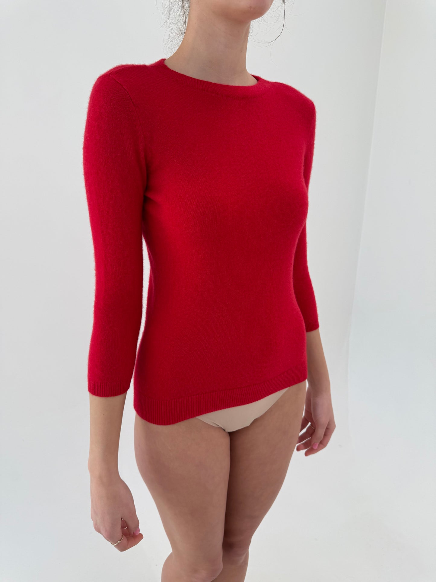 Puloveras roșu tare din cașmir cu mânecă 3/4 crew neck