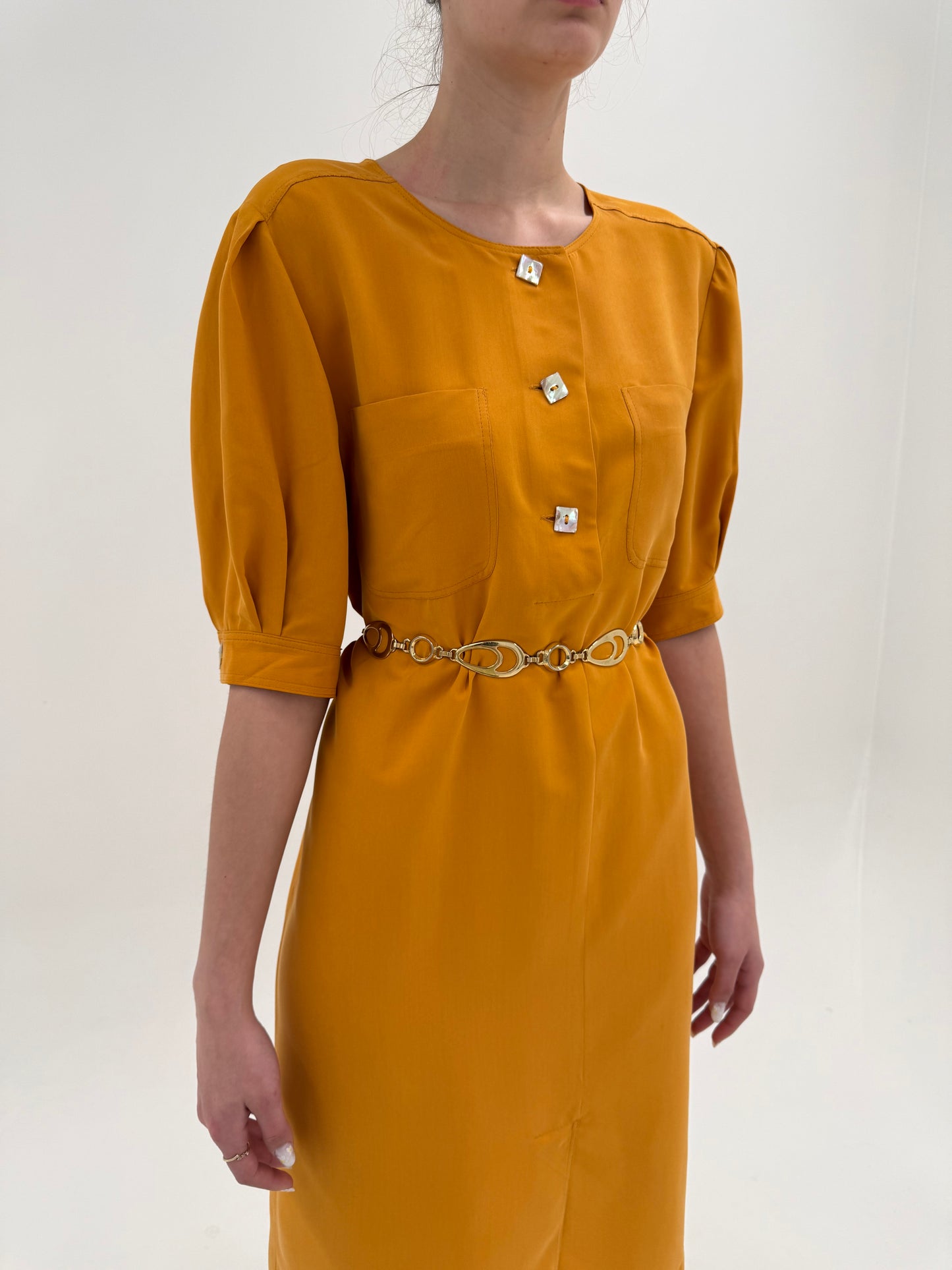 Rochie italiană saffron yellow din mătase naturală și vascoza