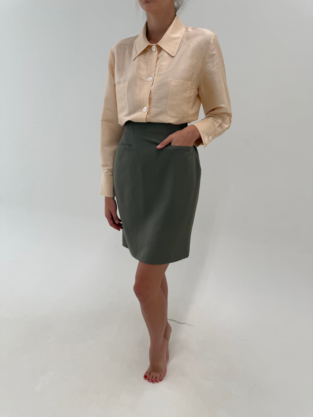 Fustă Max Mara cu talie extrem de înaltă din lana extrafina Sage green
