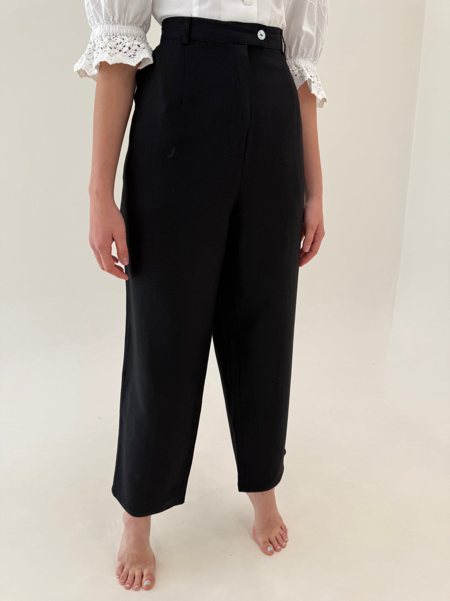 Pantaloni premium italienești negri din in cu vascoza și talie ultra înaltă