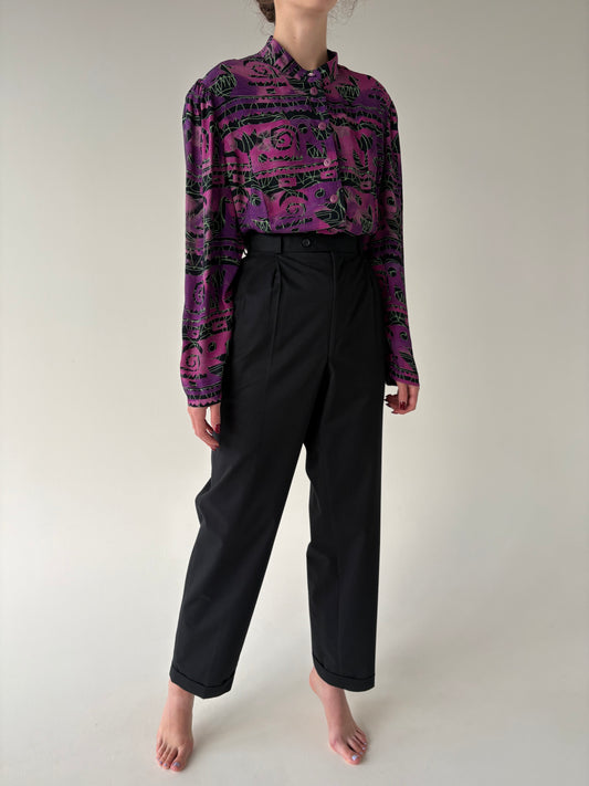 Pantaloni tall negri cu pense și talie ultra înaltă din bumbac moleskin gros
