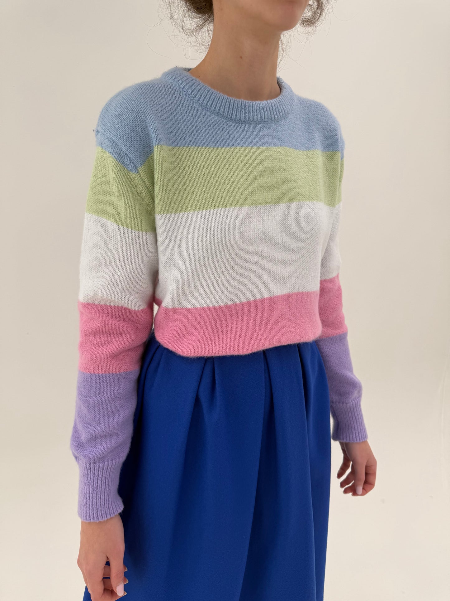 Pulover oversized în culori pudrate crew neck din tricot de gramaj mare