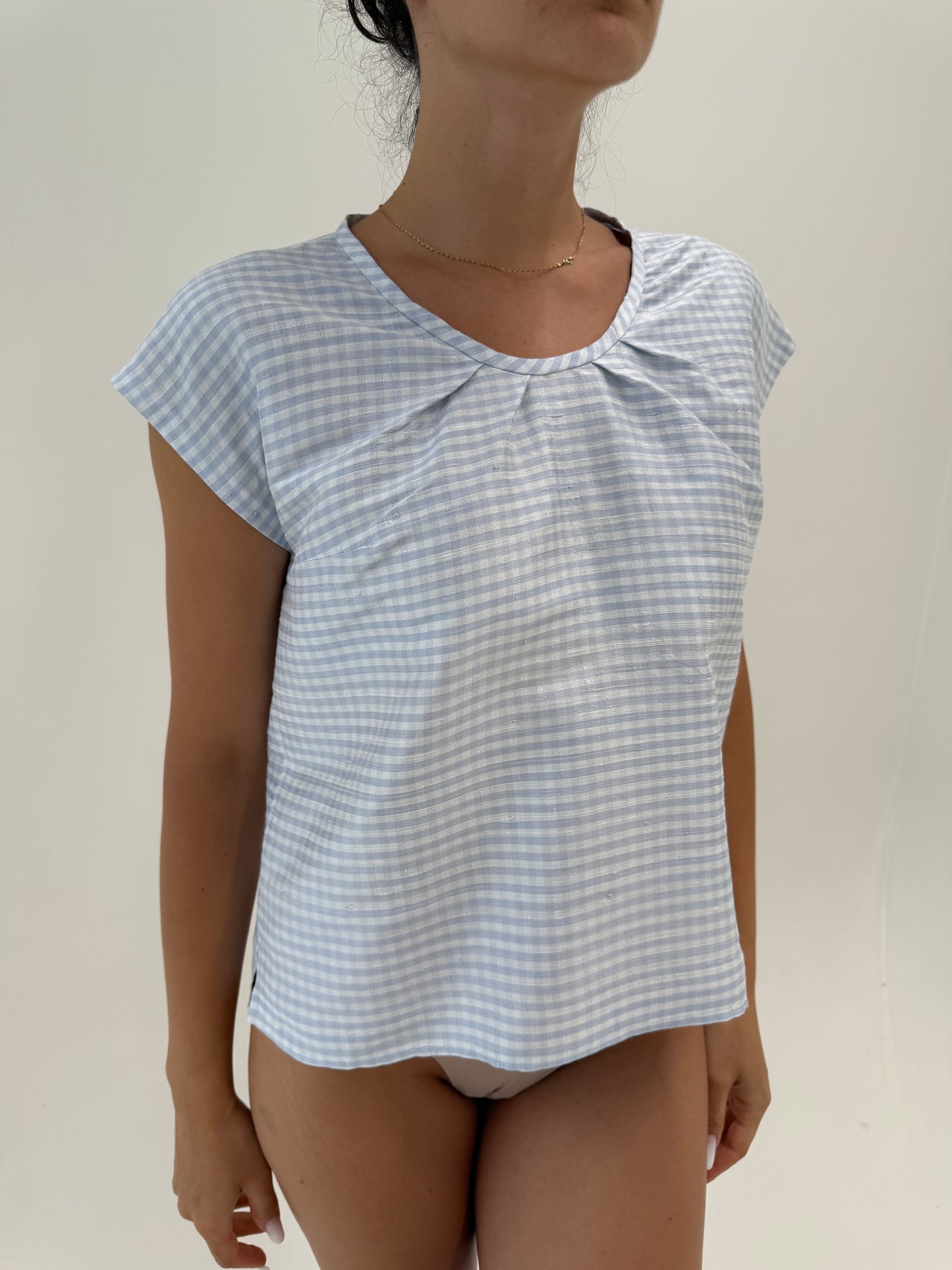 Top gigham dusty baby blue din mătase naturală dupioni in croi lejer