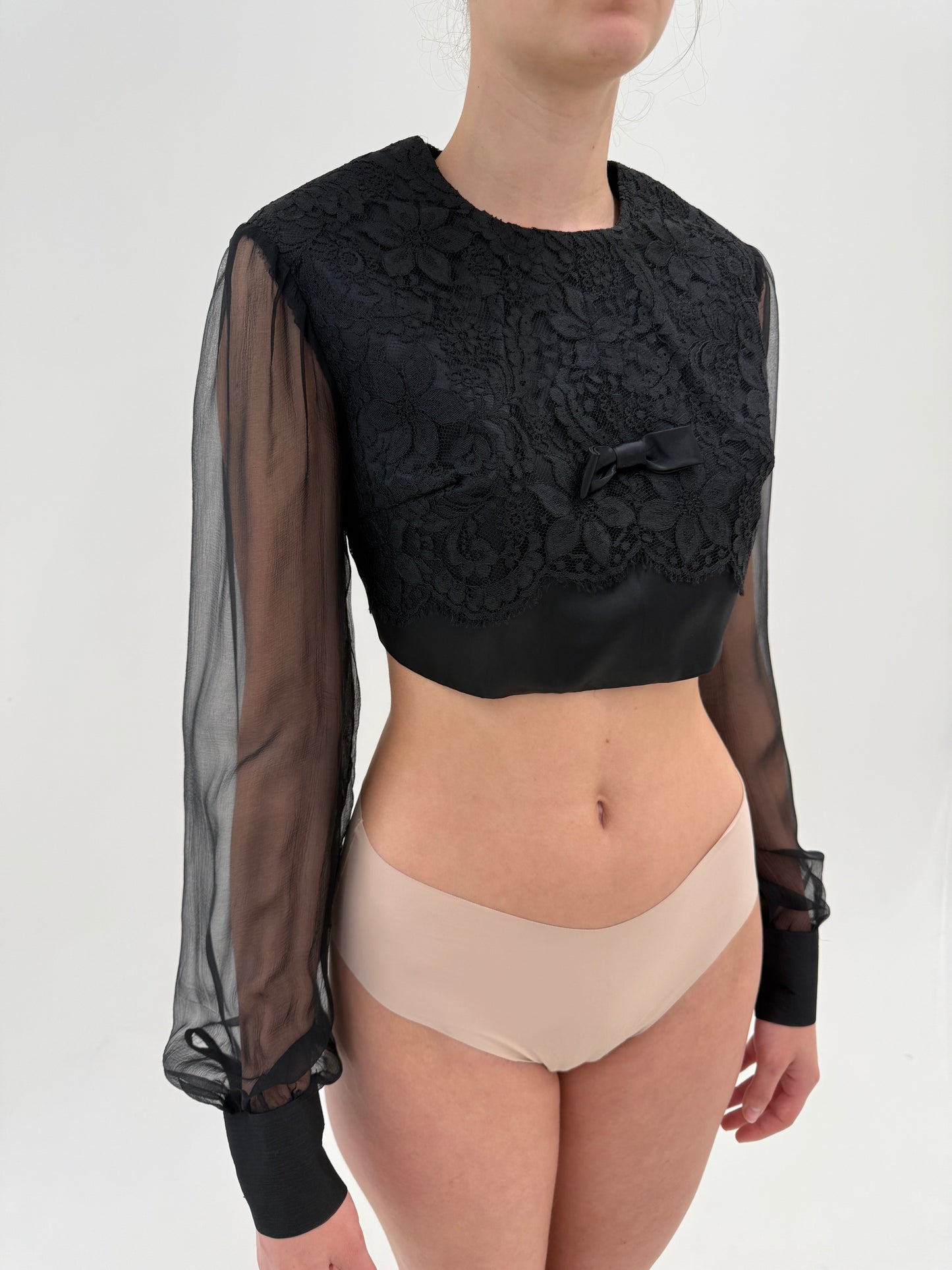 Corsaj vintage negru couture din mătase naturală cu lucrătură manuală 3D