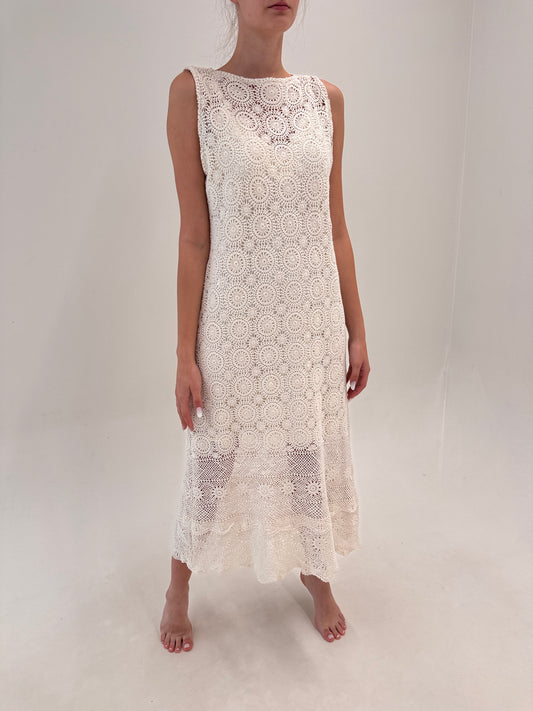 Rochie maxi tall din macrame excepțional lucrat manual cu furou inclus