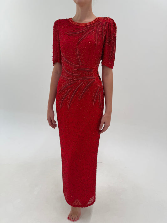 Rochie maxi integral cu aplicații manuale din mătase naturală cherry red