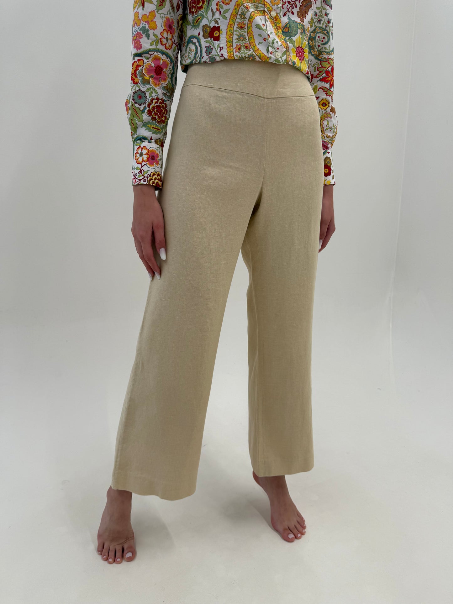 Pantaloni Ralph Lauren tall  camel din pânză excepțională de in în croi drept