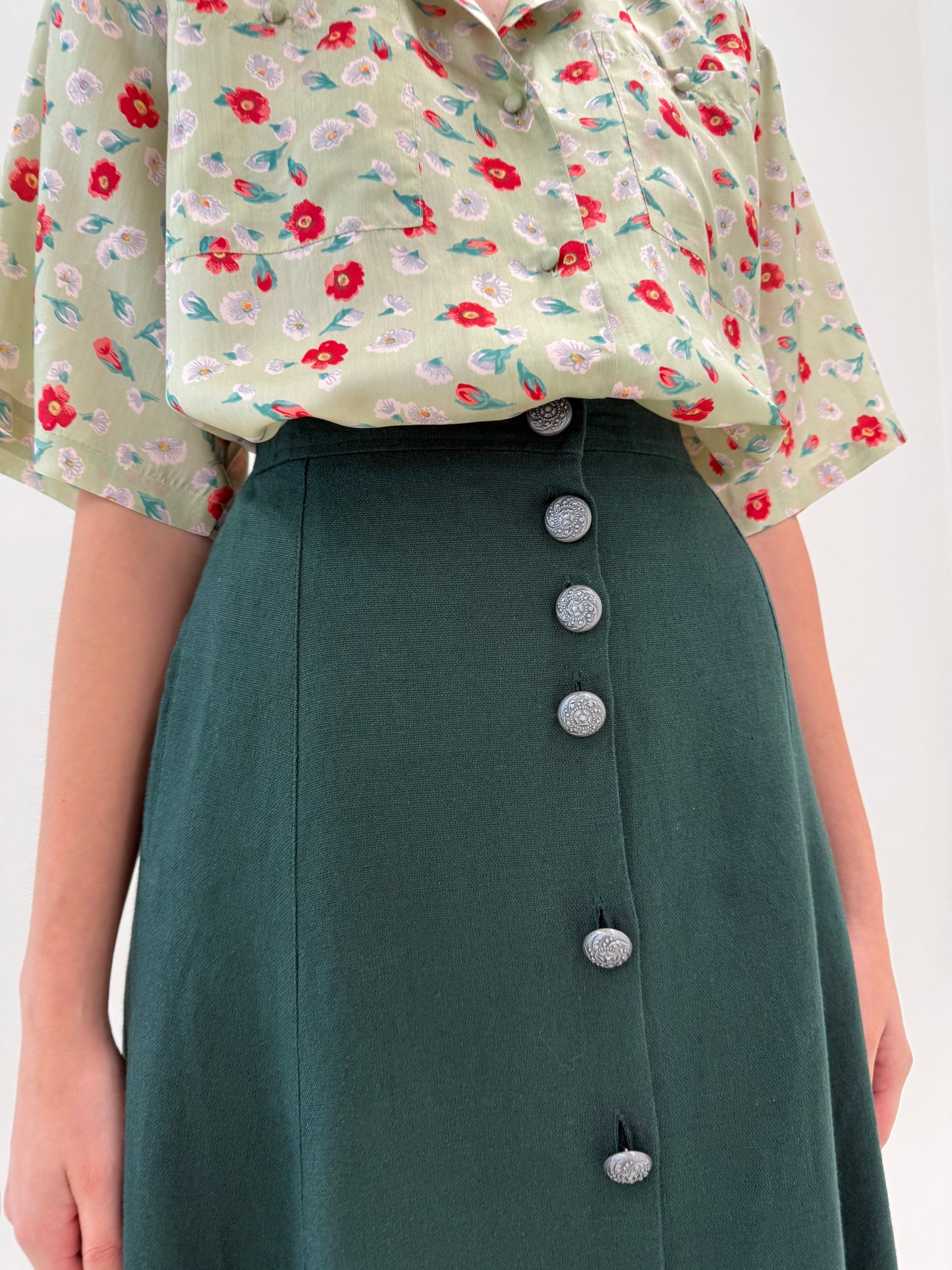 Fustă maxi dark green din in excepțional cu broderie și buzunare