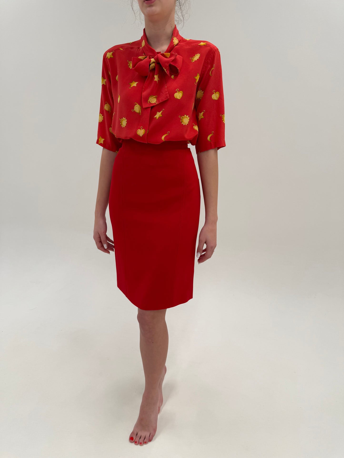 Fustă creion Valentino dim crep cherry red cu talie ultra înaltă