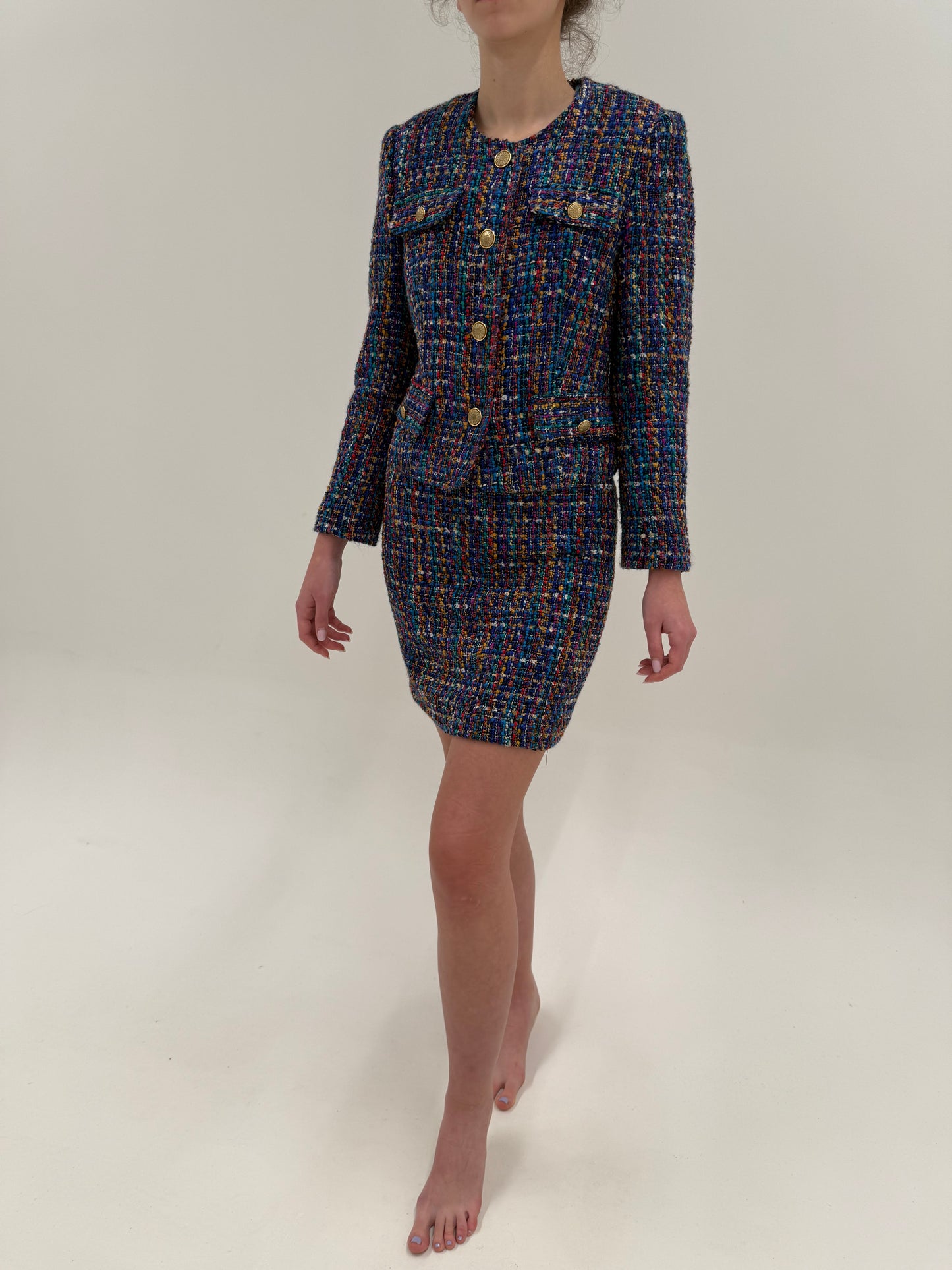 Set vintage in stil Chanel din 3 piese din tweed superb multicolor