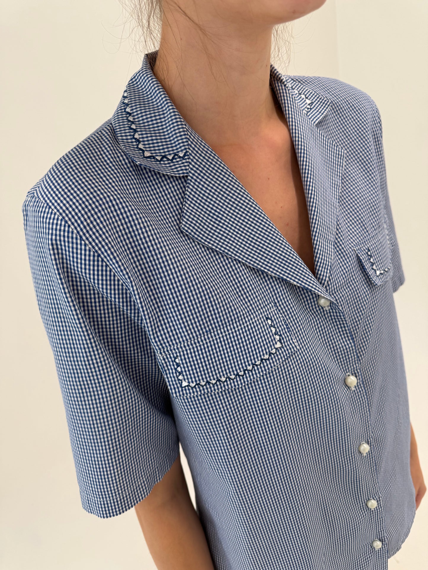 Cămașa gingham din bumbac premium Navy cu alb