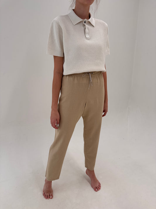Pantaloni camel din in cu influențe casual și talie ultra înaltă elastică