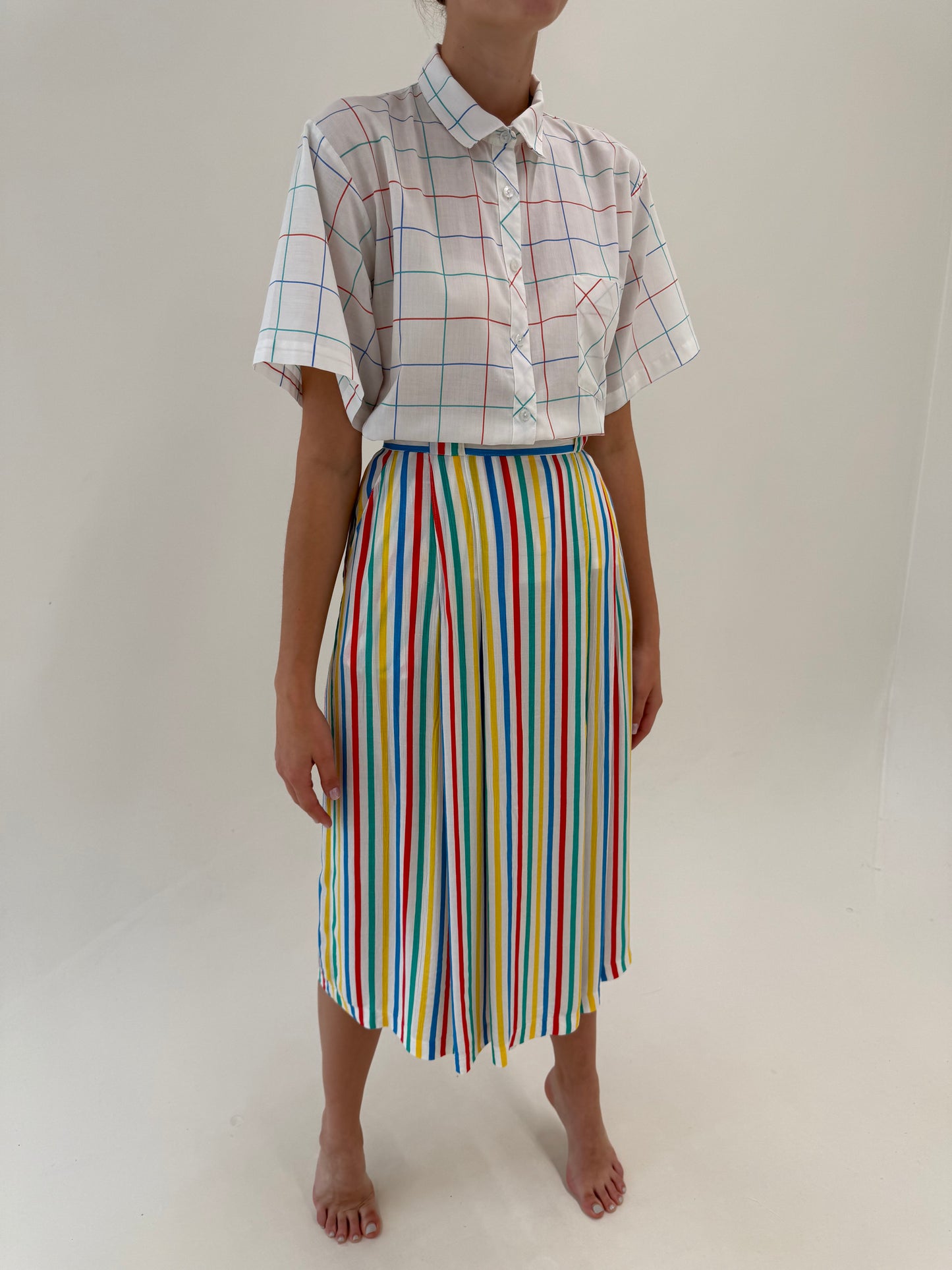Fustă vintage midi in dungi colorate super vaporoasă cu talie ultra înaltă
