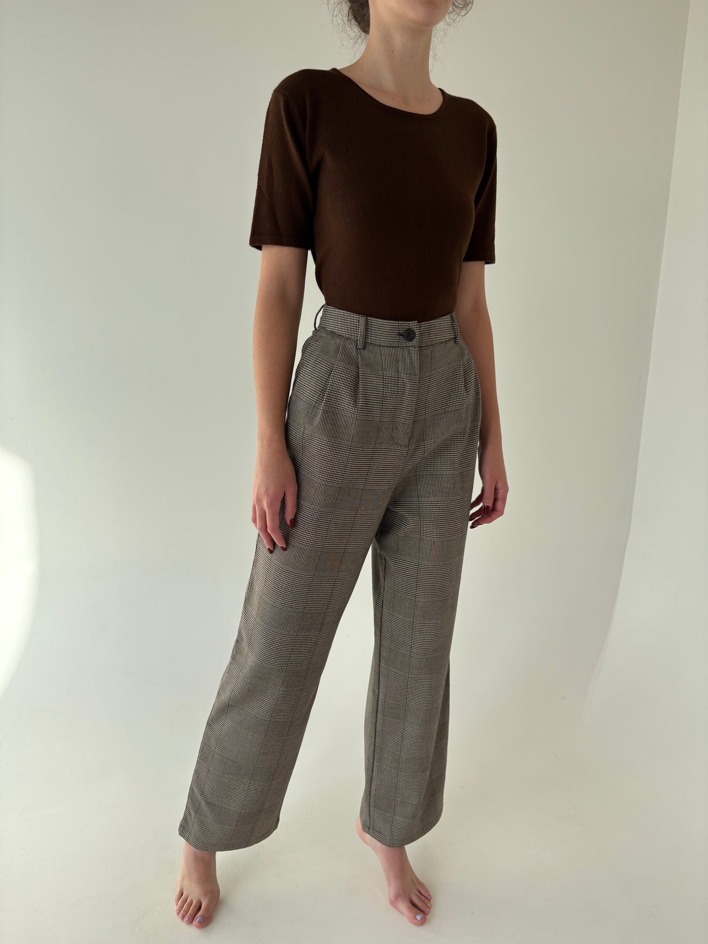 Pantaloni palazzo din stofita în carouri fine și culori neutre cu talie ultra înaltă