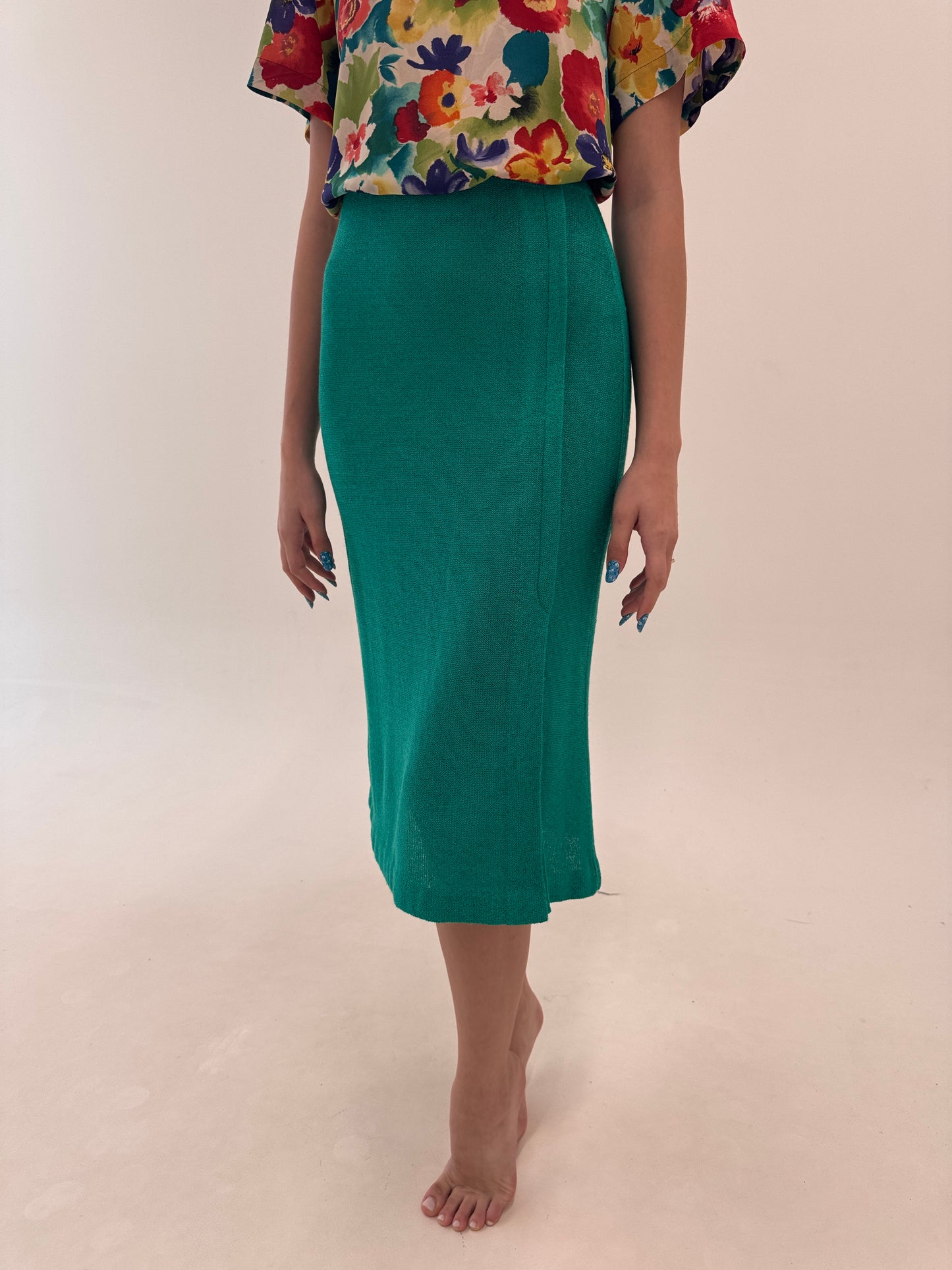 Fustă emerald green midi lung din jerse excepțional de vară cu in