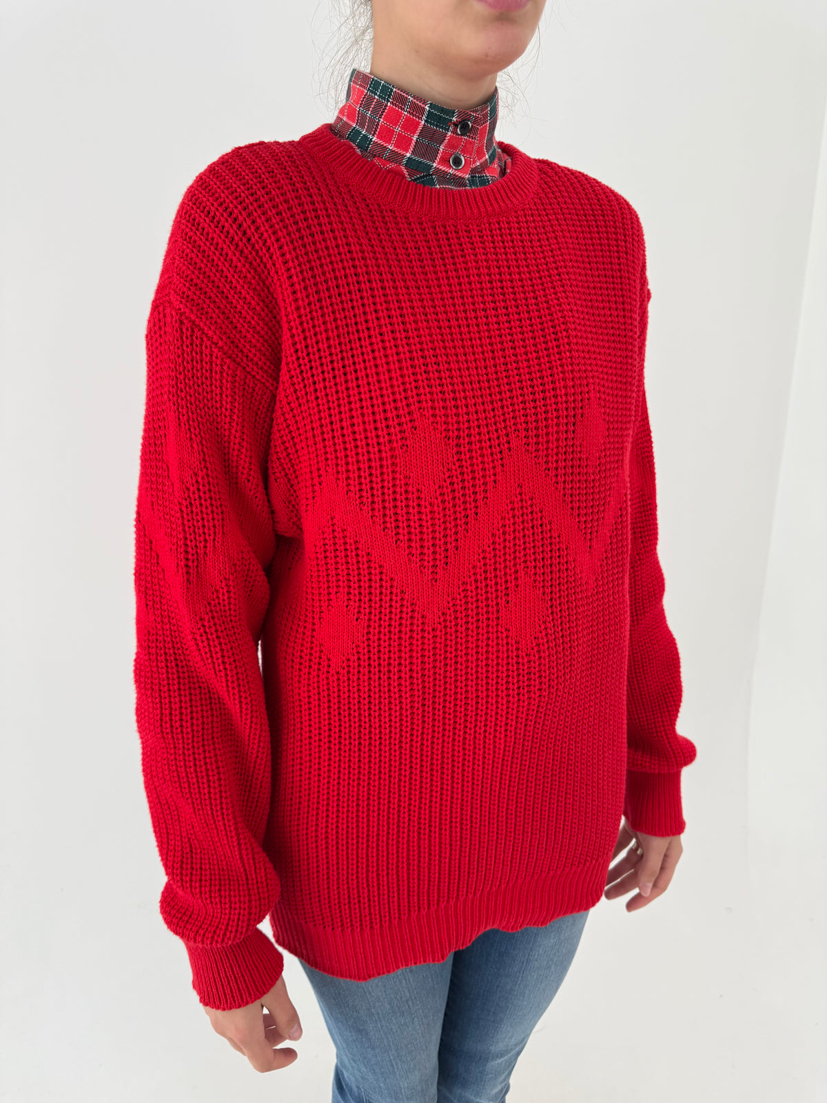 Pulover vintage tall din bumbac excepțional de gramaj mare cherry red