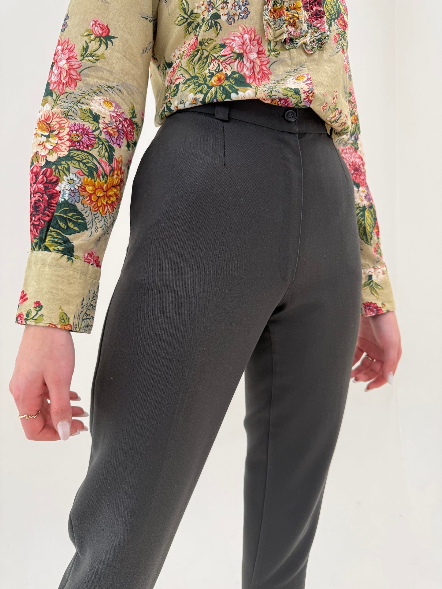 Pantaloni forest green petite cu talie înaltă din lanita extrafina de primăvară