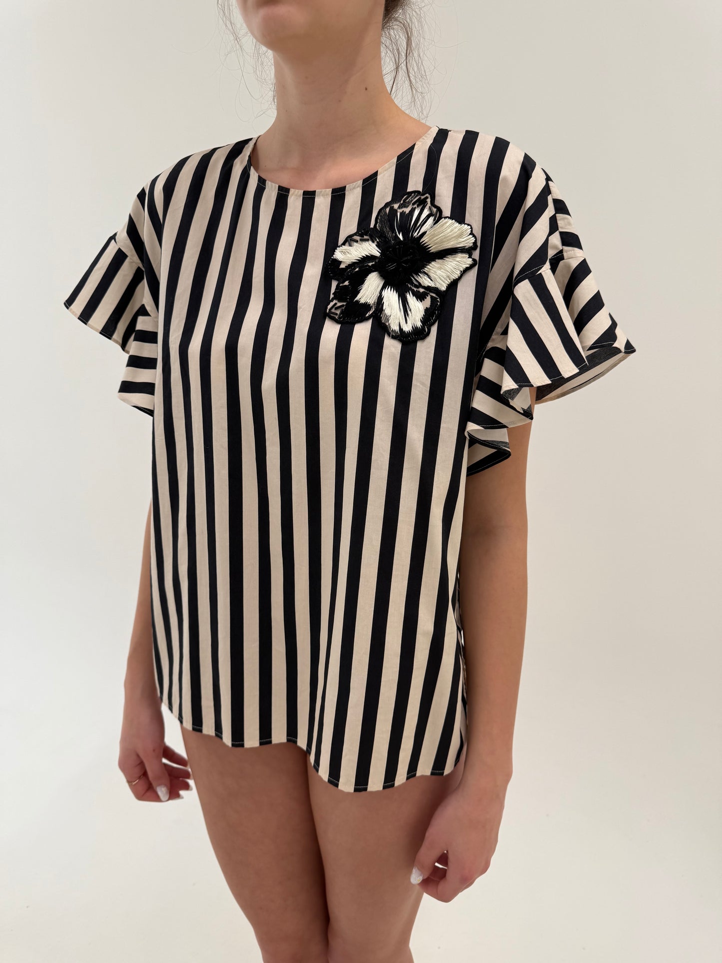 Top de brand luxury Twinset din poplin de bumbac în dungi cu volane