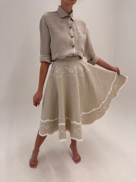 Fustă vintage bijuterie din pânză de in cu broderie manuală și talie elastică